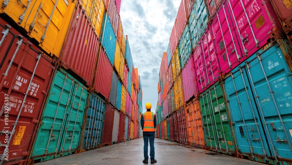 Fototapeta premium Worker surveys endless rows of colorful cargo containers under a cloudy sky