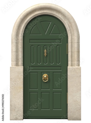 Classic arched front door with decorative panels and vintage architecture