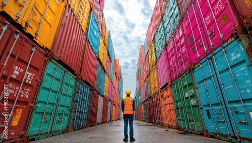 Worker surveys endless rows of colorful cargo containers under a cloudy sky