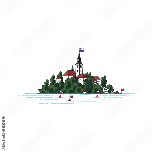 Illustration of a scenic island village with a church and boats on the water.