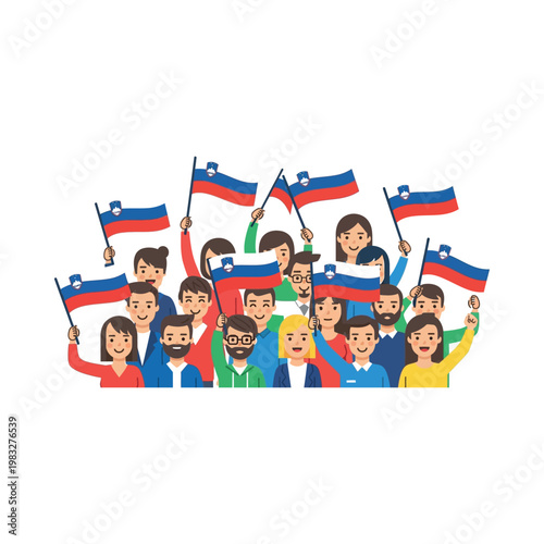 People waving Slovenian flags in celebration together outdoors