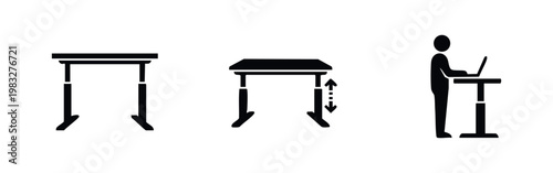 Three black icons illustrating desk setup and ergonomics: static desk, adjustable standing desk, and person working at standing desk.
