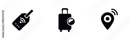 Three black icons related to travel and location: smart tag with Wi-Fi, suitcase with clock, and location pin with signal.