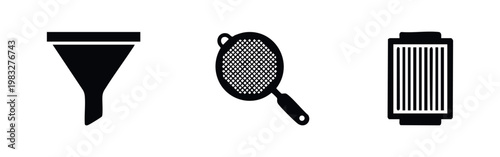 Three black icons of filtration and separation tools: funnel, sieve, and filter.