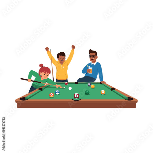 Friends gather around a billiards table celebrating a game with drinks and cues.