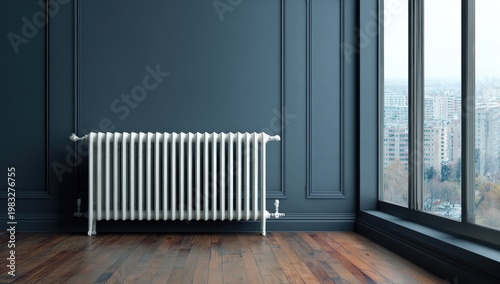 Vintage radiator against dark wall with large window view