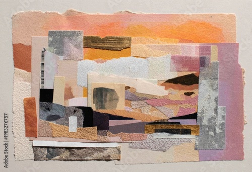 Abstract collage of torn paper in warm sunset hues and muted tones