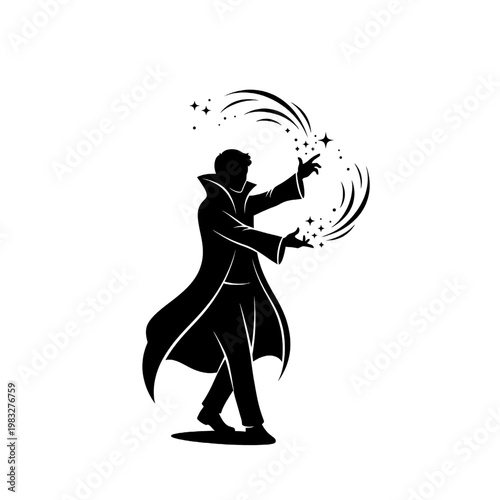 Silhouette of Magician Casting Magic Spell.