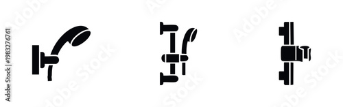 Three black silhouette icons of shower heads and rails: wall-mounted, adjustable rail, and rail with holder.