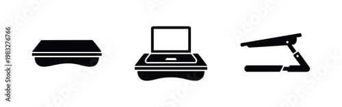 Three black icons related to portable electronics and accessories: external battery, laptop stand, and portable scanner.