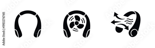 Three black icons of wearable fans: standard, with fan blades, and with air flow indication.