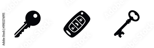 Three black icons of keys and car key fob on white background