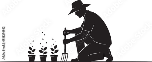 Silhouette of Farmer Gardening and Planting Seedlings - Vector Illustration of Agricultural Worker with Garden Fork