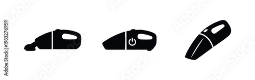 Three black icons of handheld vacuum cleaners on white background