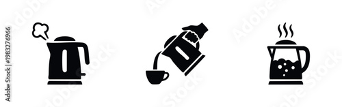 Three black icons for electric kettles and pouring hot water on white background
