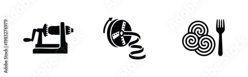 Three black icons for a grater, spool, and pasta on white background