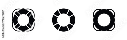 Three black icons of life buoys and rescue rings on white background