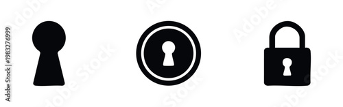 Three black icons representing keyholes and locks on white background
