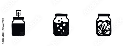 Jar with a lid, bubbling jar, and jar with food on white