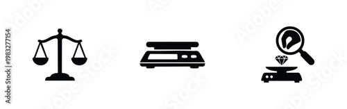 Balance scale, digital scale, and scale with gem on white