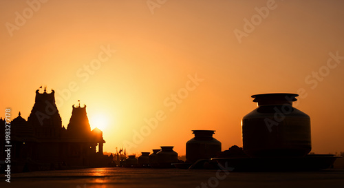 Snana Yatra, sunrise gradient warm tones, temple silhouettes and water vessels subtly visible on left background 