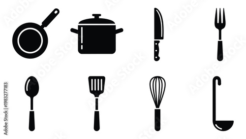 A collection of black silhouette kitchen utensils including a frying pan pot knife and serving spoon