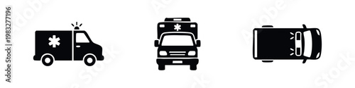 Set of three black icons depicting ambulances from different angles