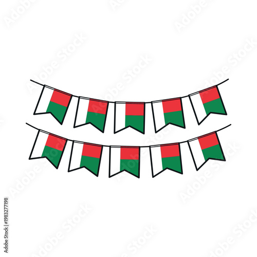 A vibrant illustration of two rows of festive flags hanging from a string.