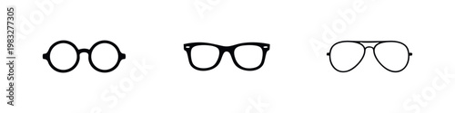 Set of three black icons displaying different styles of glasses