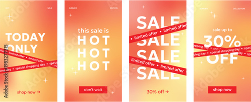 Set of sale gradient backgrounds with discount text and red ribbon elements. Minimalist templates for stories, ads, posters, social media marketing and seasonal promotions