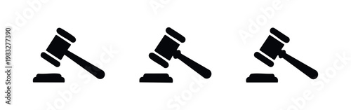 Set of three black icons representing a gavel and sound block