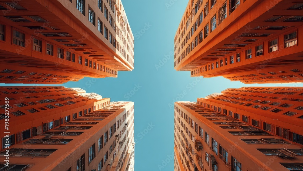 Fototapeta premium Four towering orange buildings converging upwards towards a clear blue sky