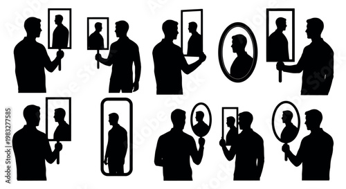 Silhouette of men holding and looking at mirrors and frames