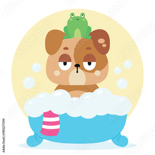 Funny cartoon dog taking a bubble bath with a frog on its head. Vector illustration, isolated background.