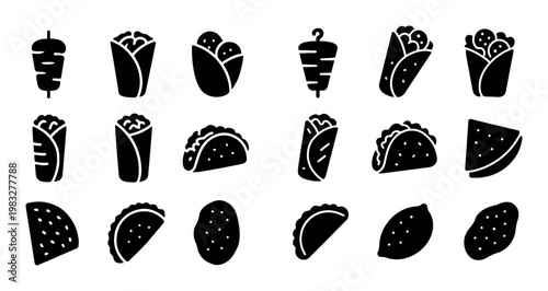 Mexican street food icons showing tacos and wraps