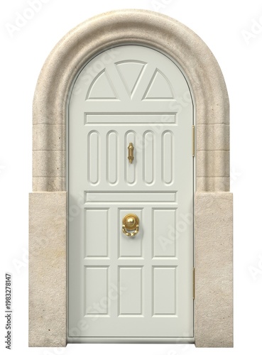 Classic arched front door with decorative panels and vintage architecture