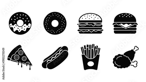 Black silhouettes depict various fast food items including burgers donuts pizza hotdogs fries and chicken
