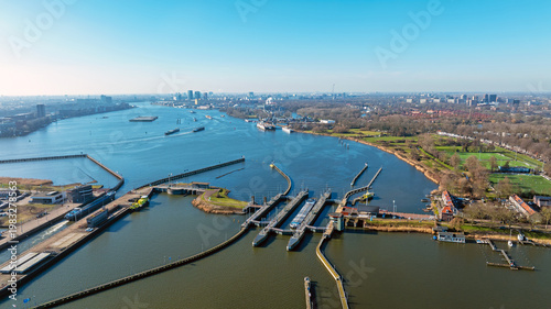 Shipping traffic at large lock complex in Europe