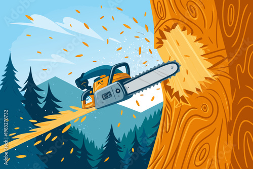 Chainsaw cutting through giant tree trunk with woo