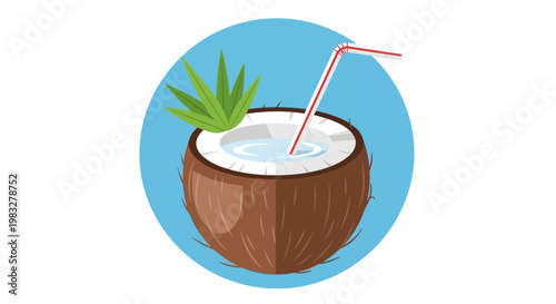 Coconut Drink with Straw and Leaf.