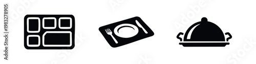Food icons: meal tray, plate with cutlery, cloche lid silhouettes
