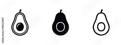 Avocado icons: half avocado with pit, whole avocado, half avocado outline silhouettes