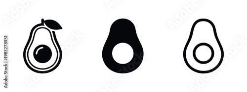 Avocado icons: half avocado with pit, whole avocado, half avocado outline silhouettes