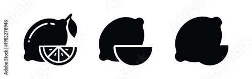 Lemon icons: textured lemon with slice, solid lemon with half slice, outline lemon silhouettes