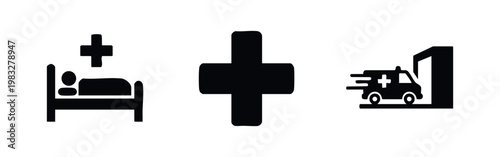 Medical icons: patient in bed, plus sign, ambulance speeding silhouette