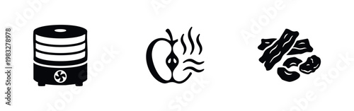 Food dehydration icons: dehydrator, drying apple, dried fruit silhouettes