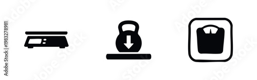 Weight and measurement icons: digital scale, dumbbell, bathroom scale silhouettes