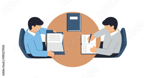 Two professionals are seated at a round table, one reviewing a document while the other takes notes during a collaborative meeting.
