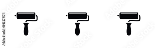 Three black silhouette paint rollers on a white background