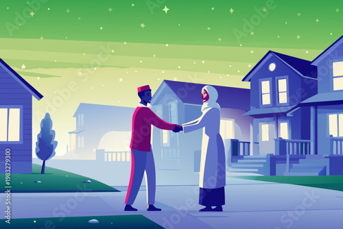 Eid al adha greeting between neighbors with smiles